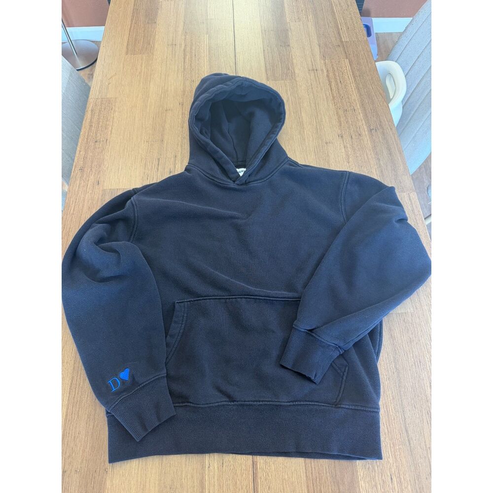 Old Navy Black Hoodie Small Blue Embroidered D Heart Sleeve Cuff Pullover Sweats